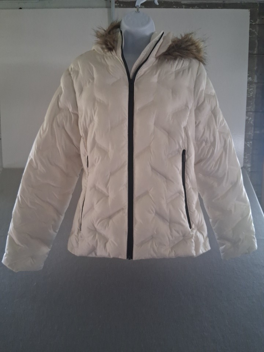 Swiss Tech Cream Puffer Jacket with Faux Fur Hood Trim